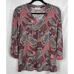 Emma&Olive‎ Pink Paisley Blouse Womens L V-Neck 3/4 Sleeve Boho Retro Career Top